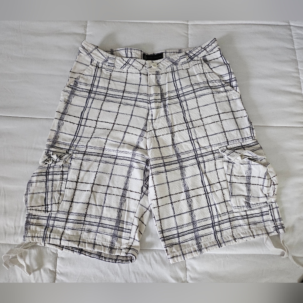 Men's White and Black Plaid Cargo Shorts